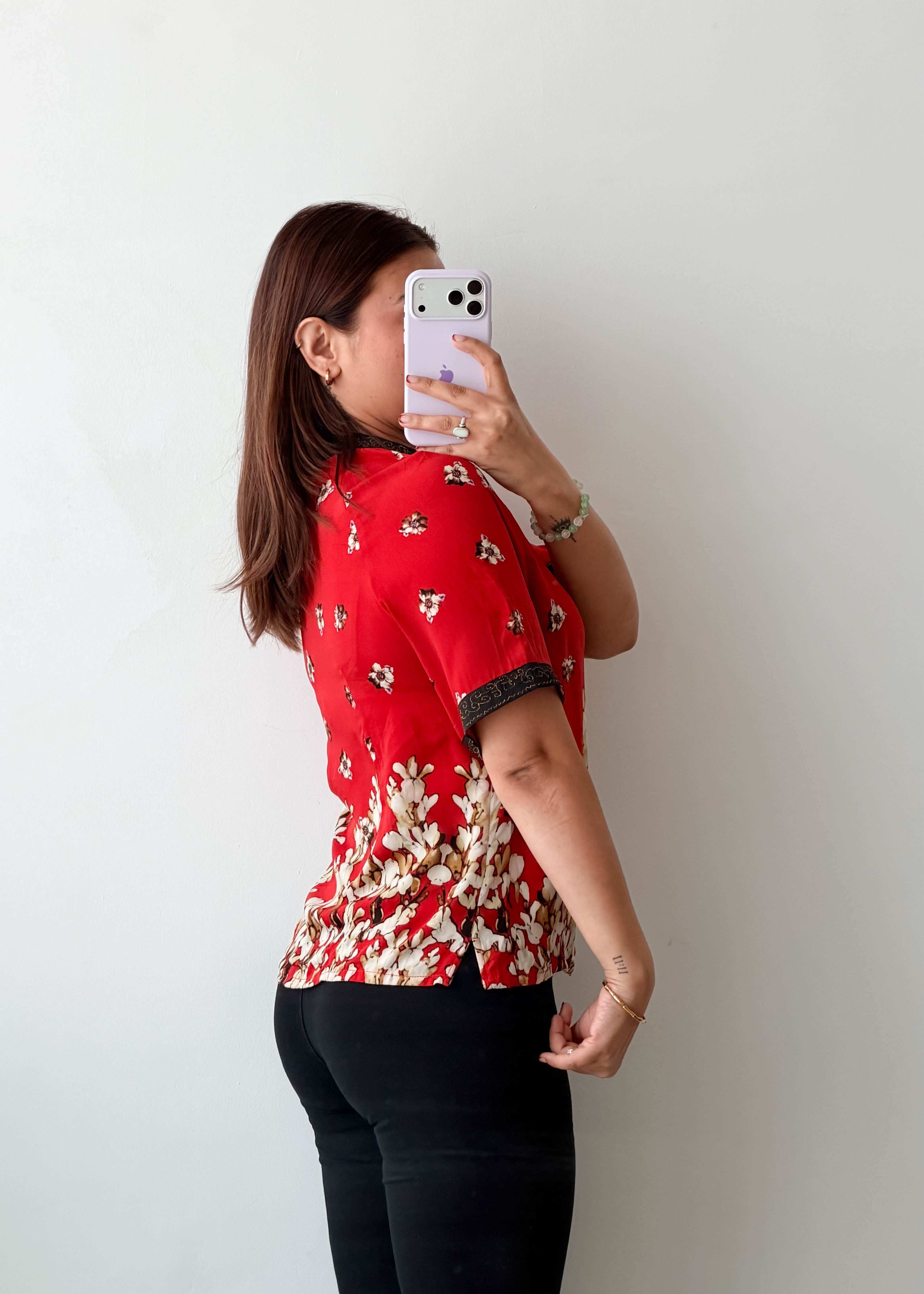 S-M Red Floral Mandarin Collar Top