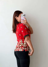 S-M Red Floral Mandarin Collar Top