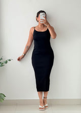 Size M-L Black Ribbed Bodycon Midi Dress