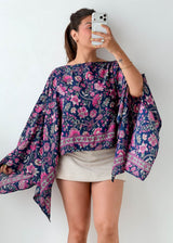 Free Size Navy Floral Batwing Kaftan Top