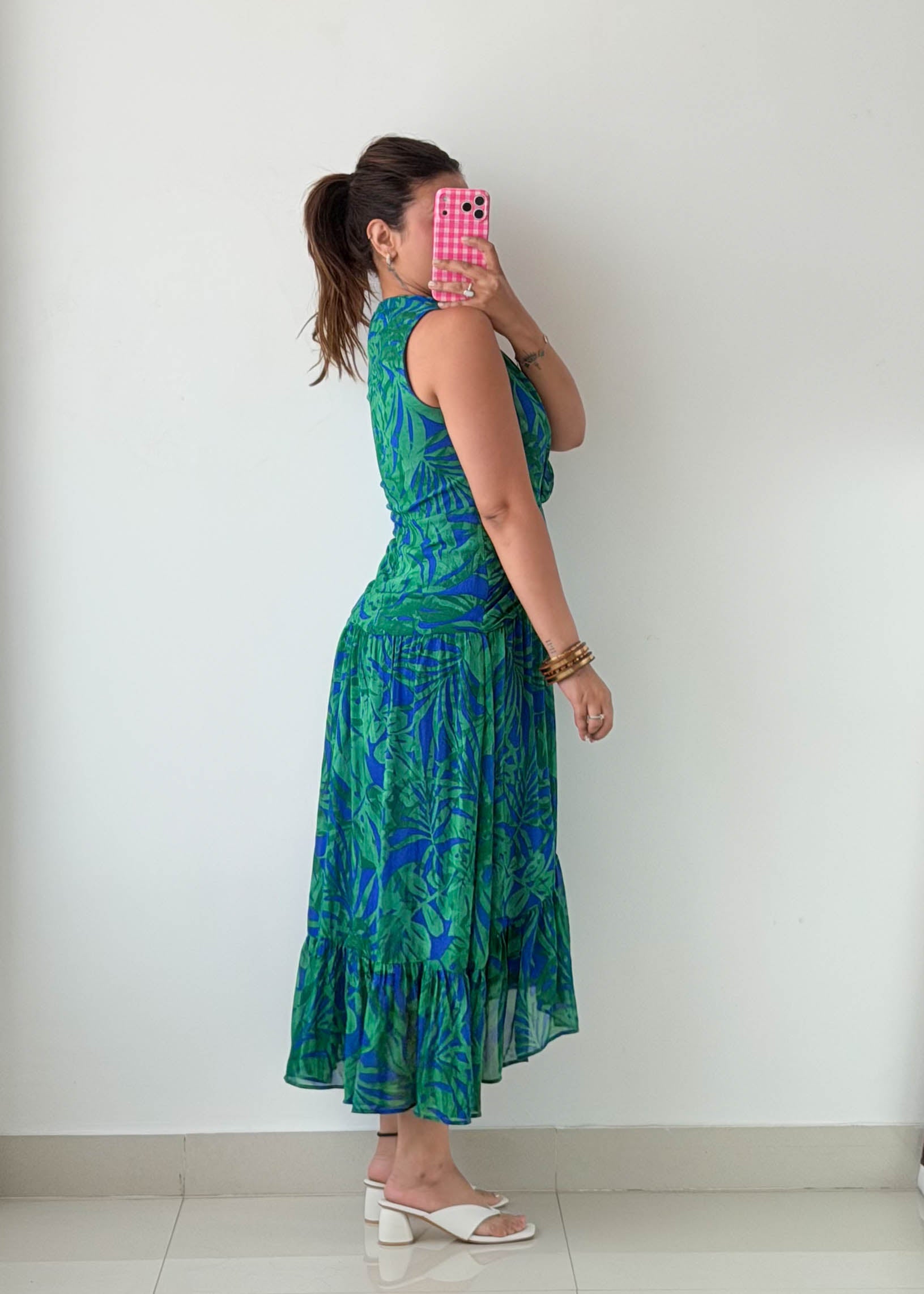 Size S-M Blue & Green Tropical Midi Dress