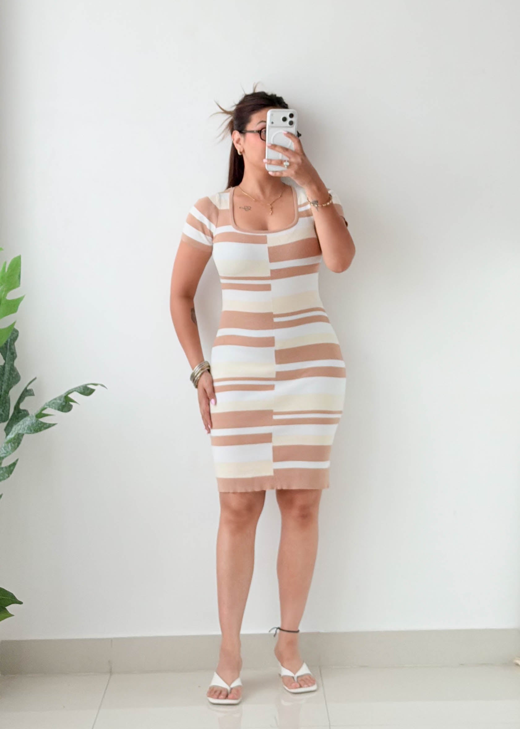 Size S-M Beige Geometric Knit Bodycon Mini Dress