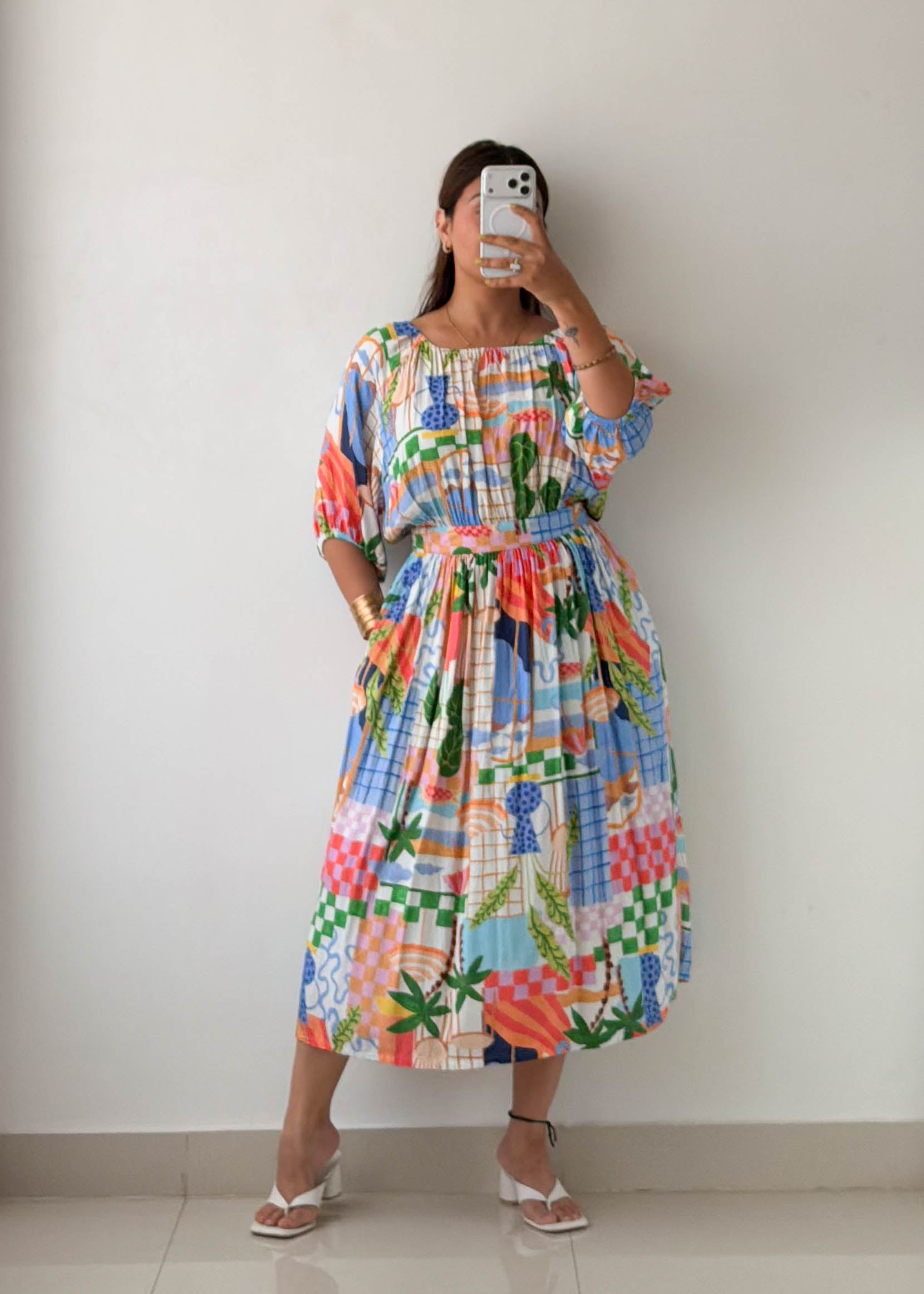 Size L-XL Multicolor Printed Midi Dress