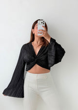 Size M-L Black Twist Front Pleated Crop Top