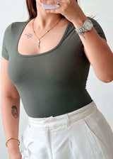 Size XS-S Olive Ribbed Scoop Neck Bodysuit