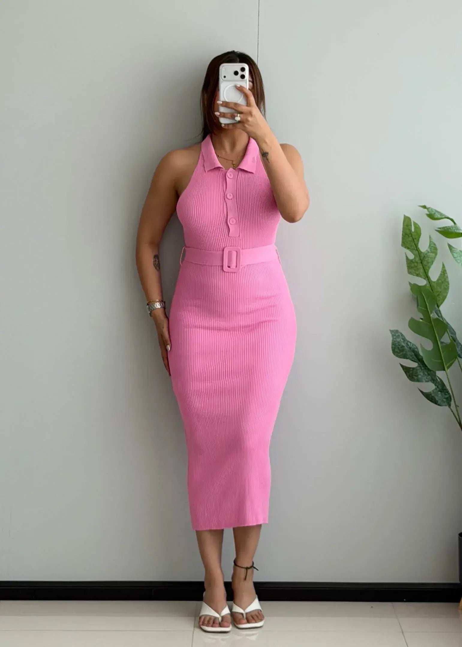 SIZE XS-S, Pink Belted Ribbed Midi Dress - Closet by Payal