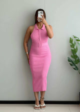 SIZE XS-S, Pink Belted Ribbed Midi Dress - Closet by Payal