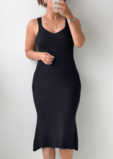 Size M-L Black Ribbed Bodycon Midi Dress