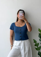 Size M-L, Blue Button Ribbed Top