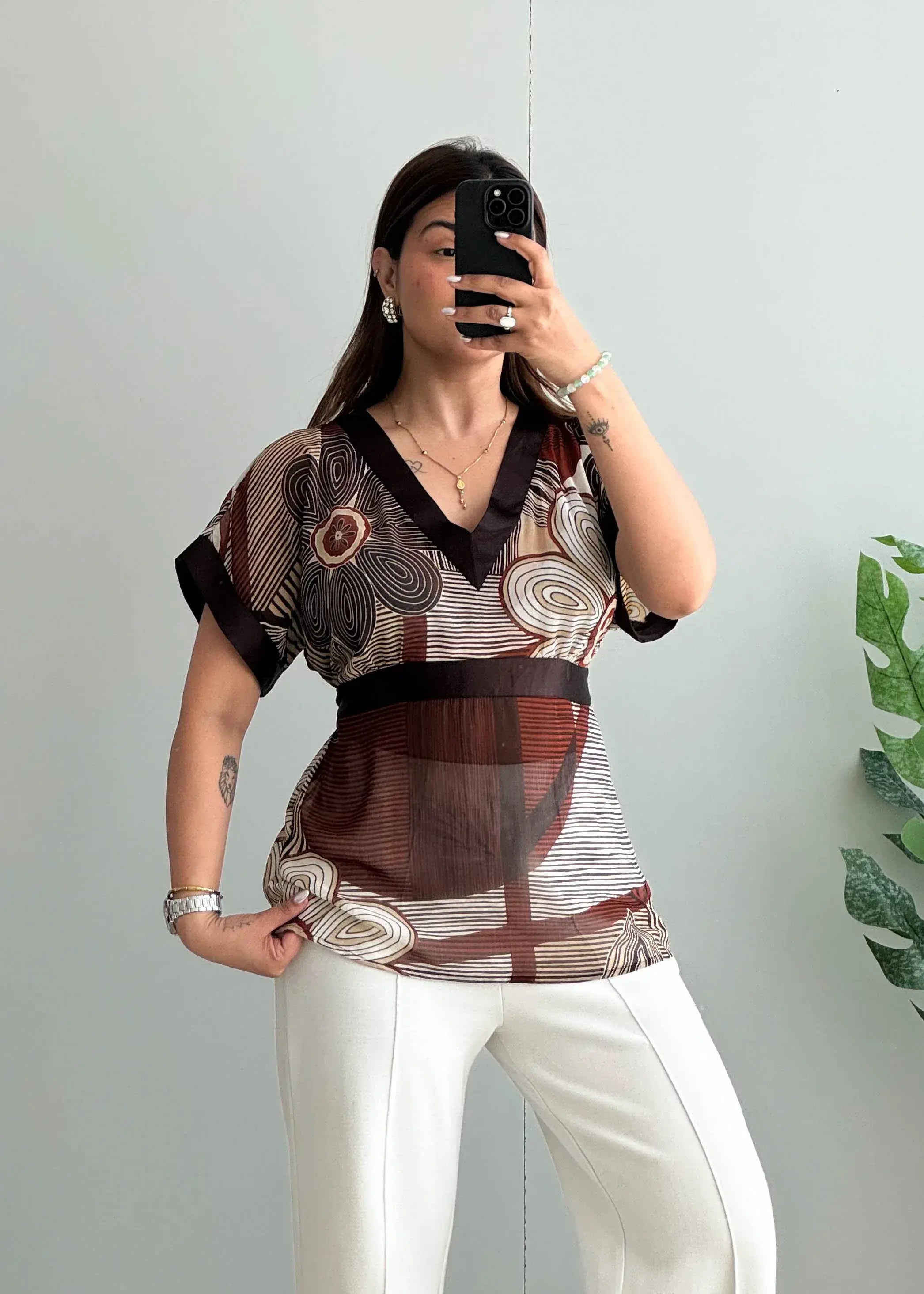 Size M-L, Vintage Brown Geometric Print Sheer Blouse - Closet by Payal