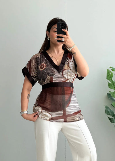 Size M-L, Vintage Brown Geometric Print Sheer Blouse - Closet by Payal