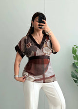 Size M-L, Vintage Brown Geometric Print Sheer Blouse - Closet by Payal