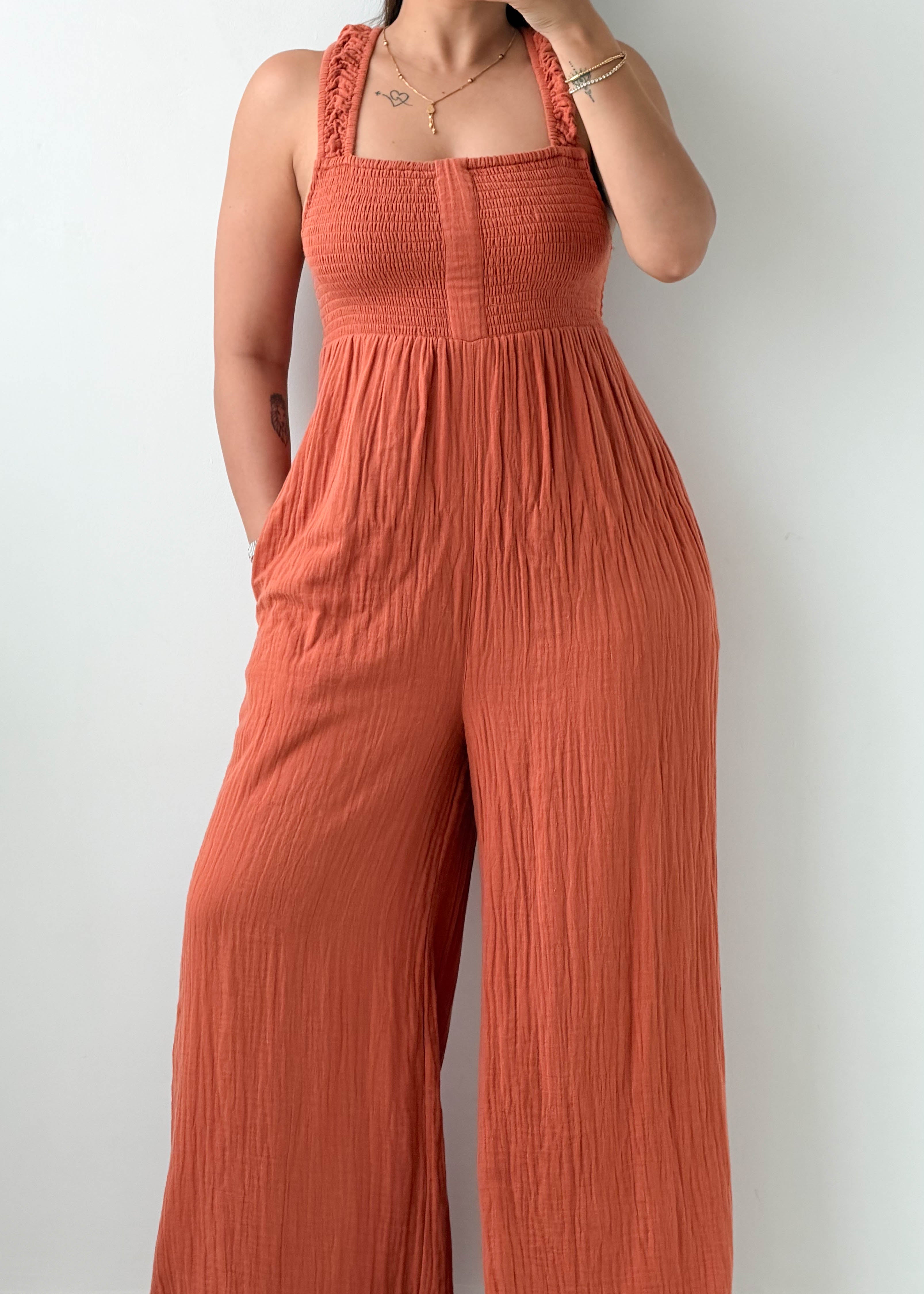 Size M-L Rust Orange Textured Jumpsuit
