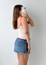 Size S-M White & Red Floral Crochet Knit Top