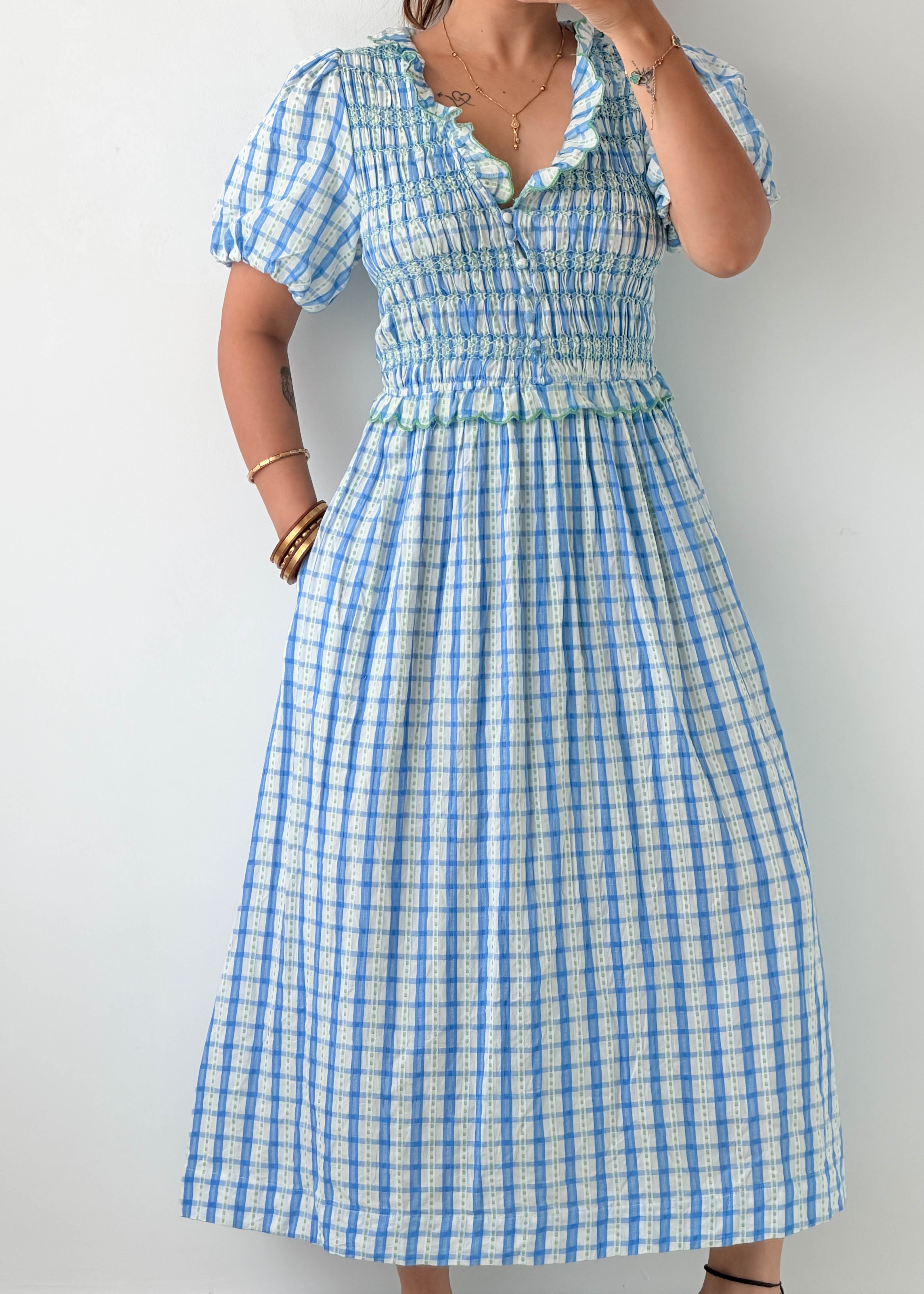 Size M-L / XL-2XL Blue Gingham Midi Dress