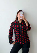 S-M Black Red Geometric Tie-Neck Shirt