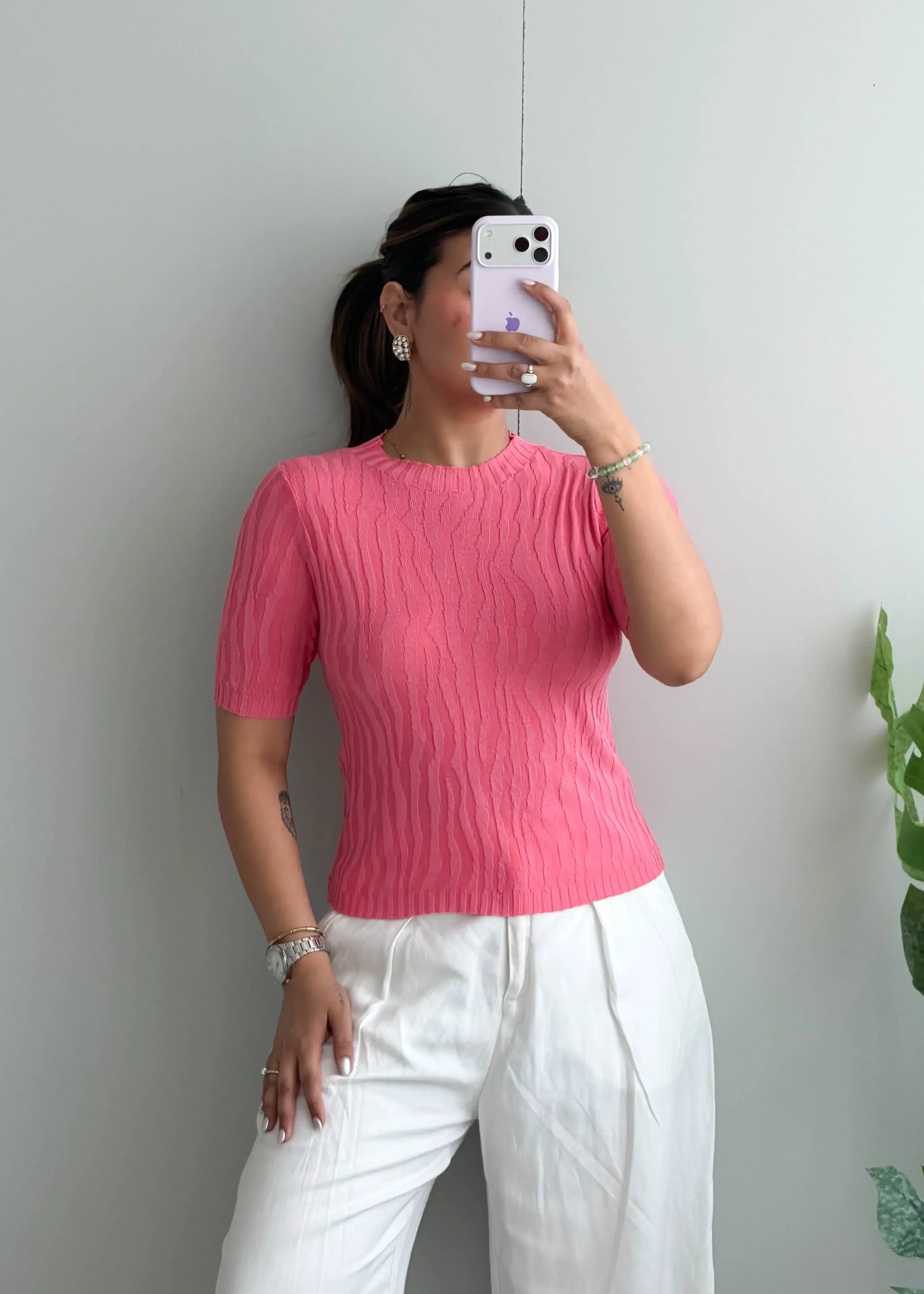 Size S-M, Pink Short Sleeve Ribbed Top - Closet by Payal