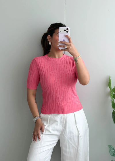 Size S-M, Pink Short Sleeve Ribbed Top - Closet by Payal