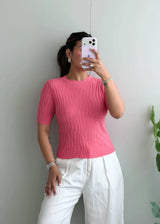 Size S-M, Pink Short Sleeve Ribbed Top - Closet by Payal
