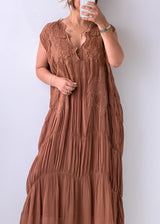 Size M-L Brown Embroidered Pleated Maxi Dress