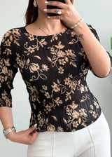 Size M-L, Black Floral Textured Blouse - Closet by Payal
