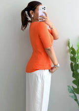 Size S-M, Orange Ribbed Half Sleeve Top - Closet by Payal