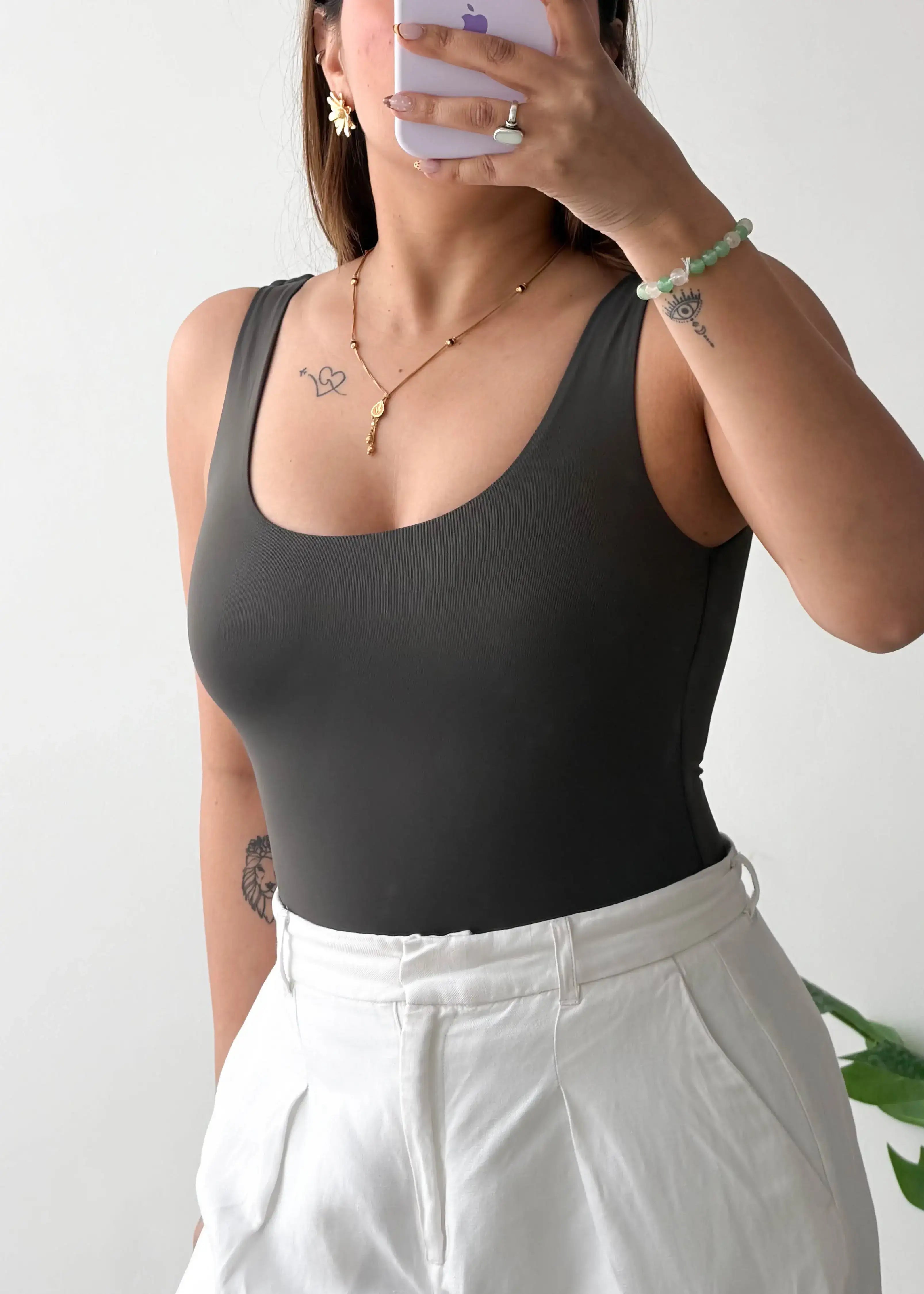 Size XS, Charcoal Grey Scoop Neck Sleeveless Bodysuit