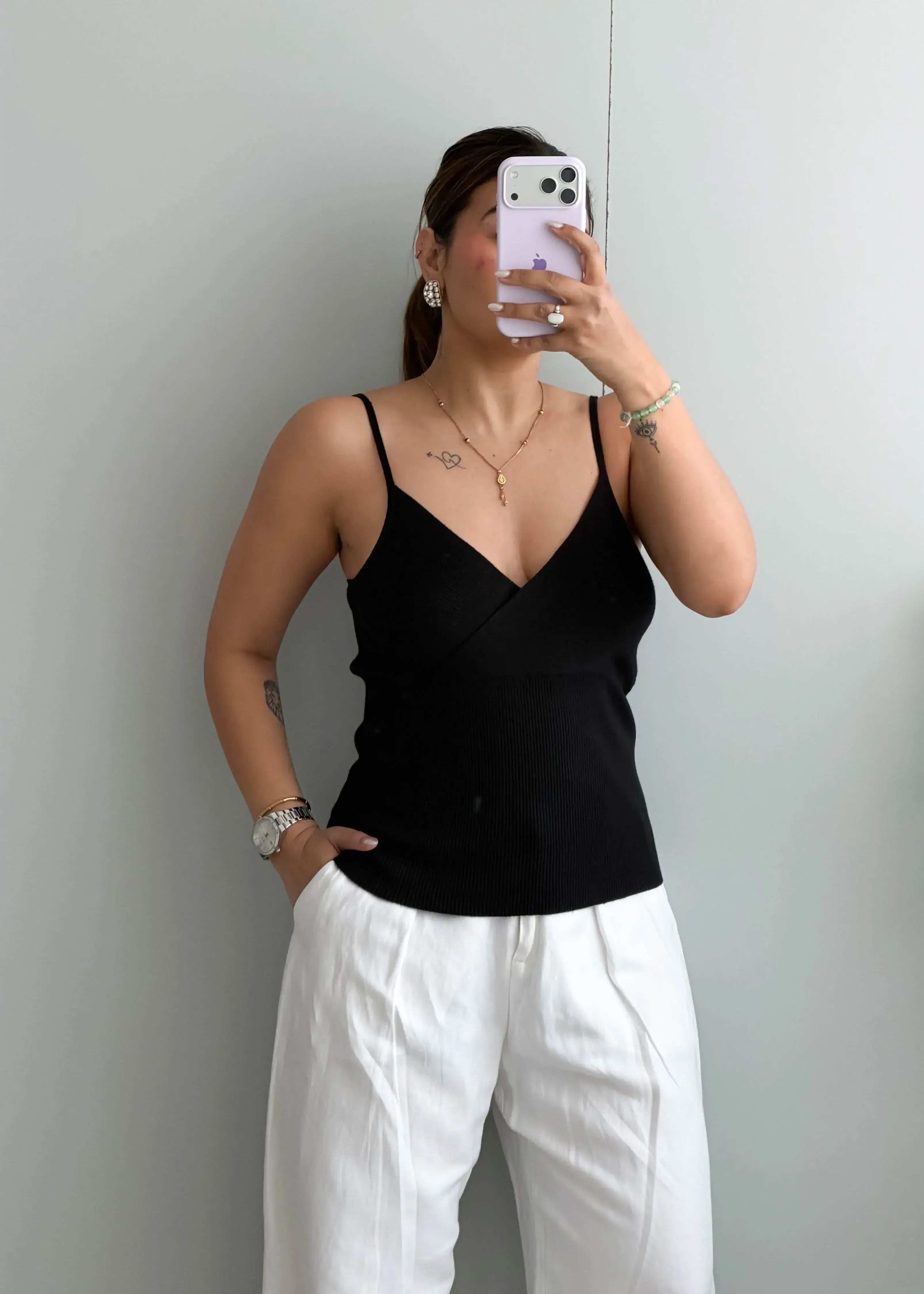 Size M-L, Black V-Neck Ribbed Camisole Top - Closet by Payal