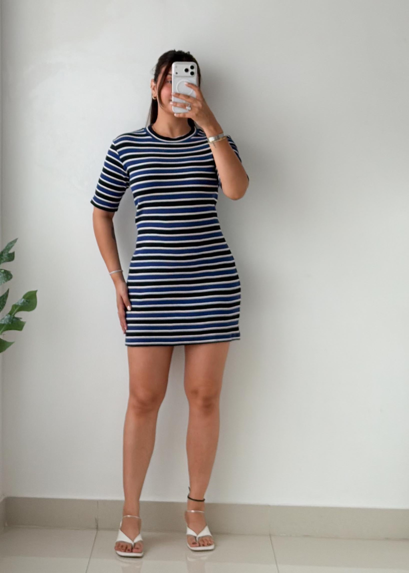 Size L-XL Navy & White Striped Knit Mini Dress