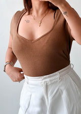 Size L-XL Mocha Ribbed Sweetheart Neck Bodysuit