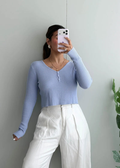 Size S-M, Light Blue Ribbed Long Sleeve Top - Closet by Payal
