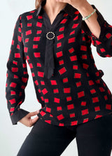 S-M Black Red Geometric Tie-Neck Shirt
