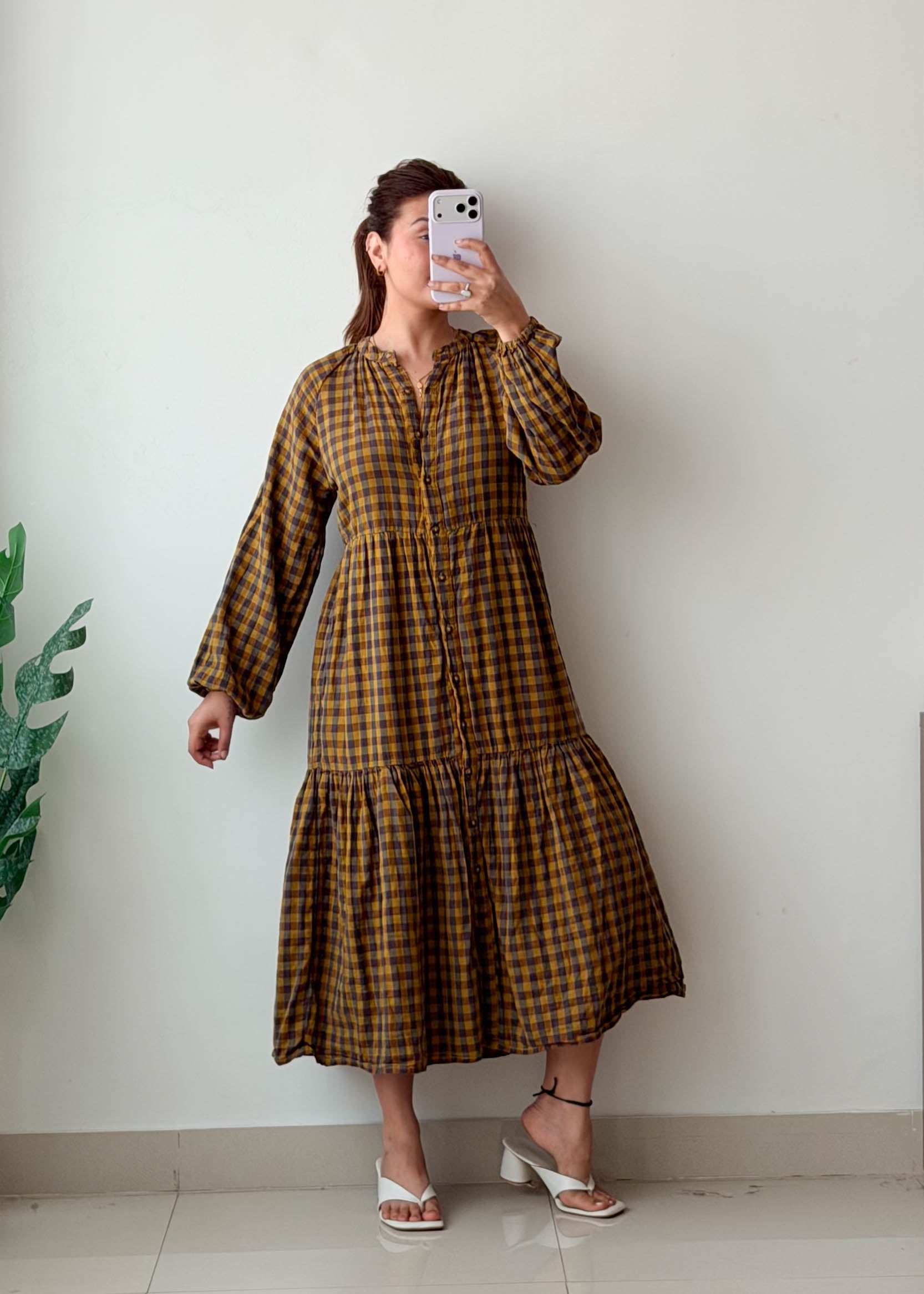 Size S-M Brown Checked Midi Dress