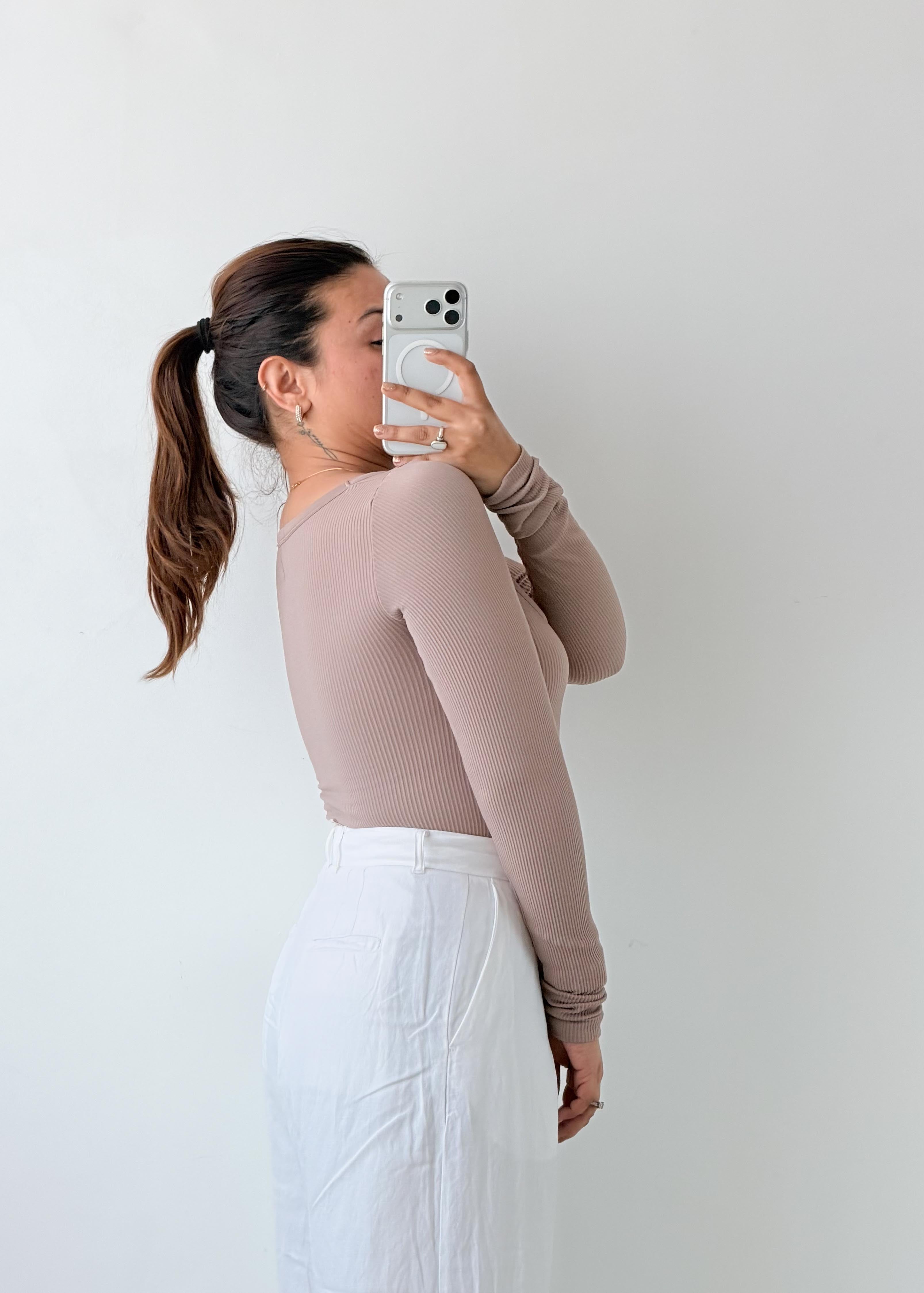 Size XS-S Taupe Ribbed Square Neck Bodysuit