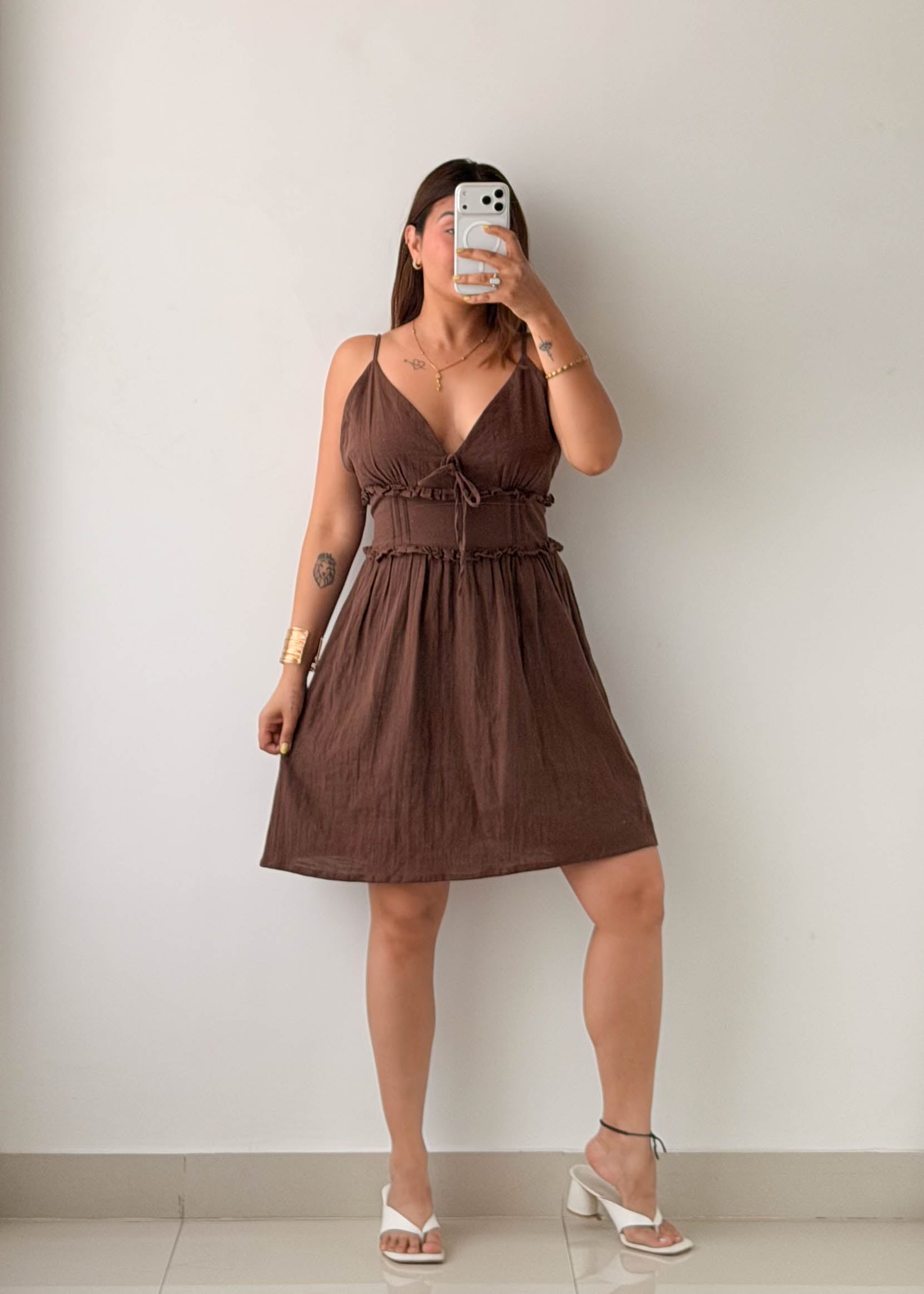Size L-XL Brown Tie-Front Cotton Mini Dress