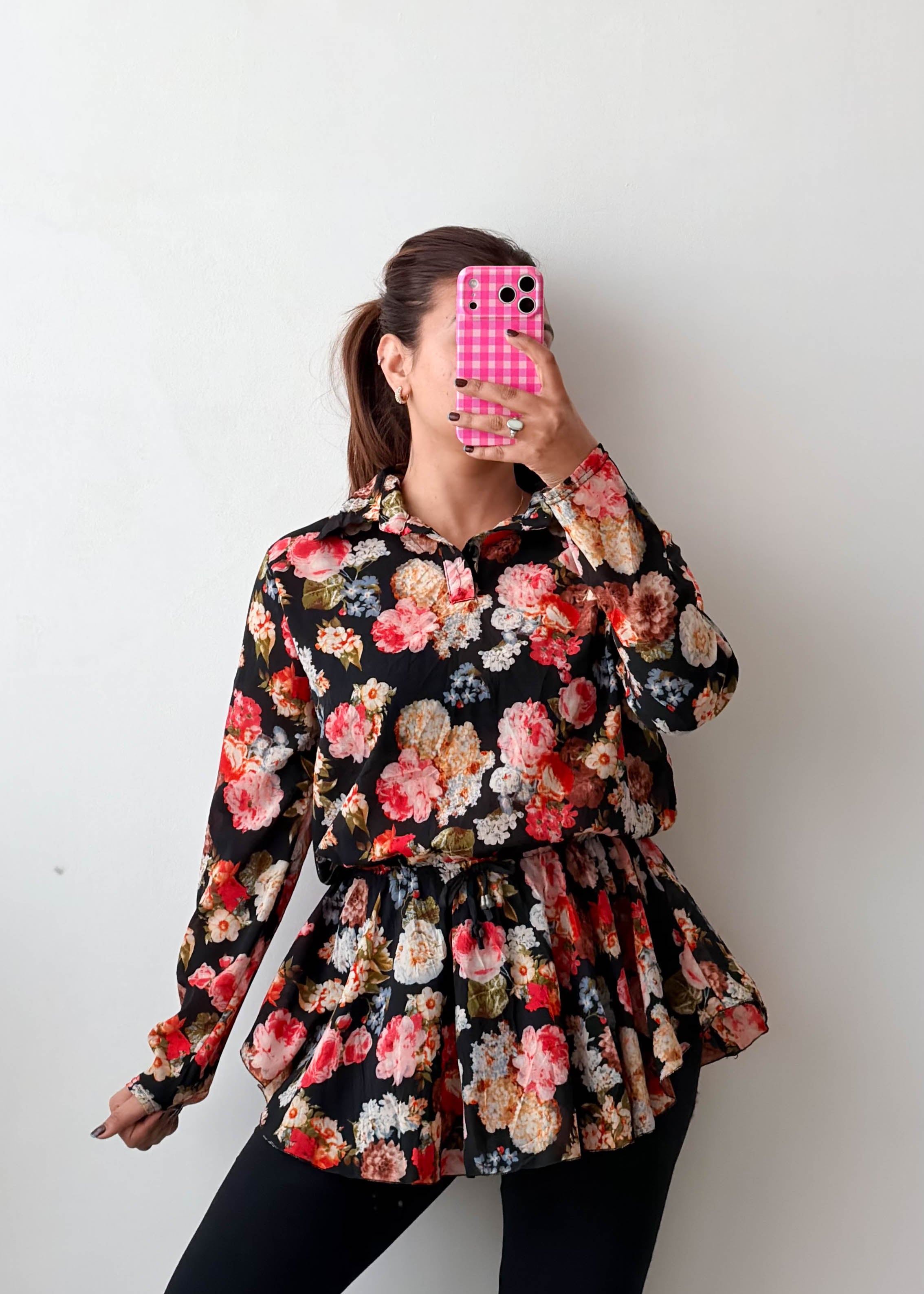 Size M-L Black Floral Peplum Top