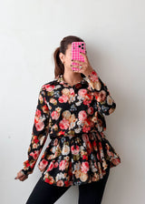 Size M-L Black Floral Peplum Top