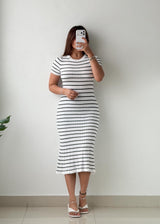 Size S-M White & Black Striped Ribbed Knit Midi Dress