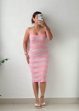 Size M-L Pink Striped Ribbed Knit Midi Dress