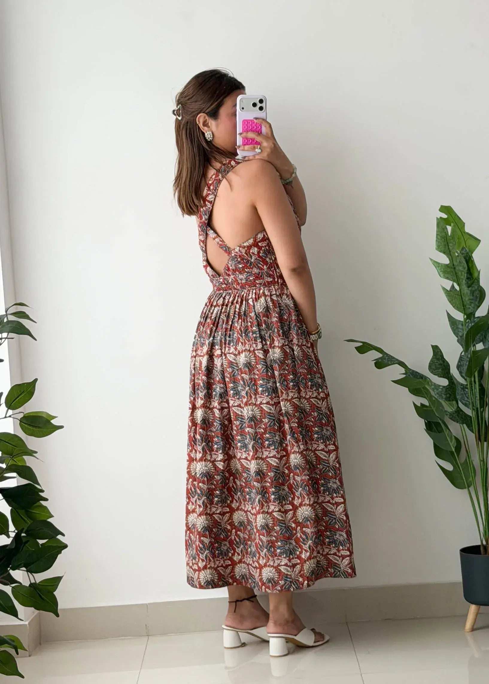 Size M-L, Brown Ethnic Print Midi Dress