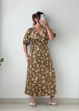 Size M-L Olive Floral Print Wrap Maxi Dress