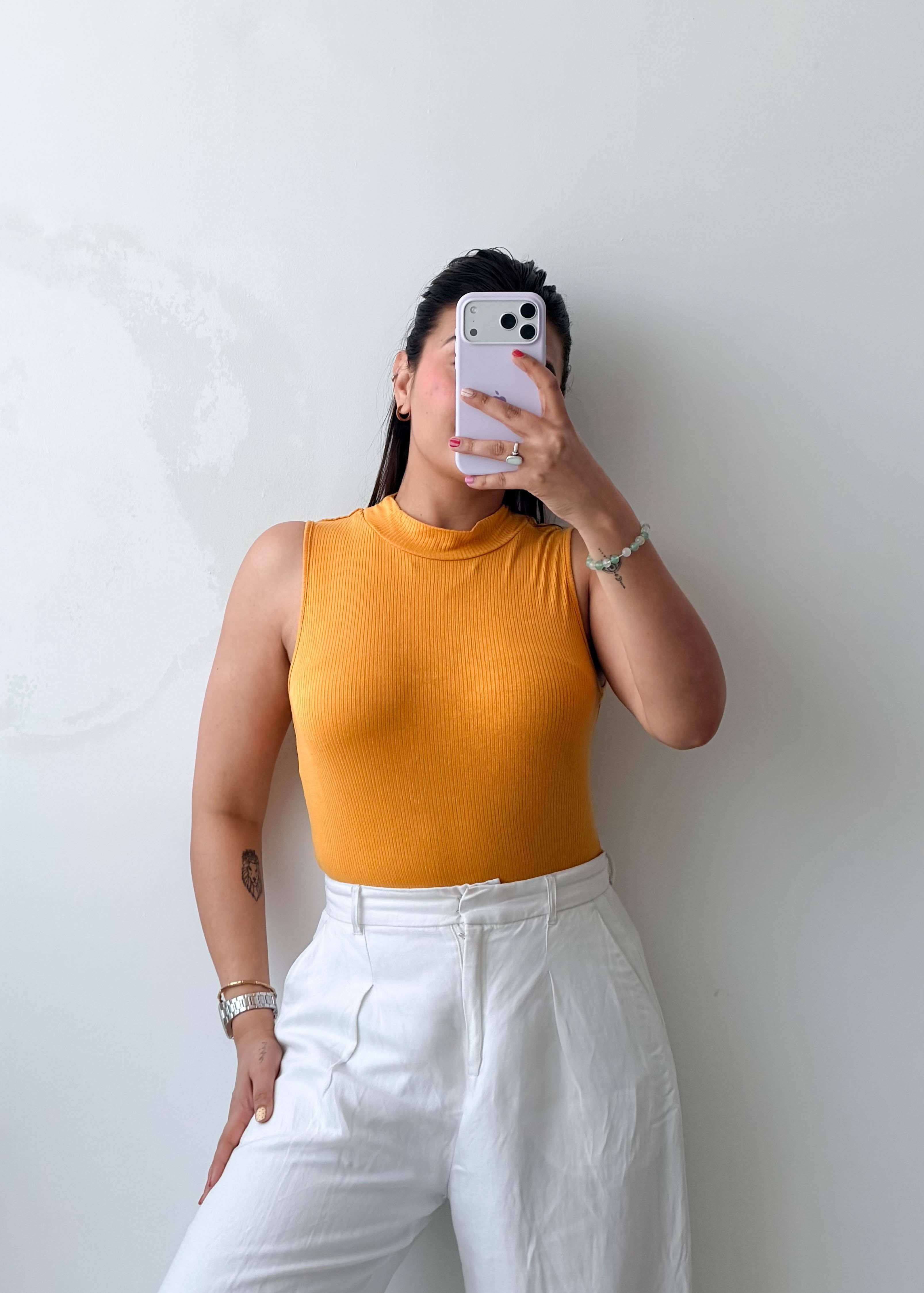 Size L-XL Mustard Ribbed High Neck Bodysuit