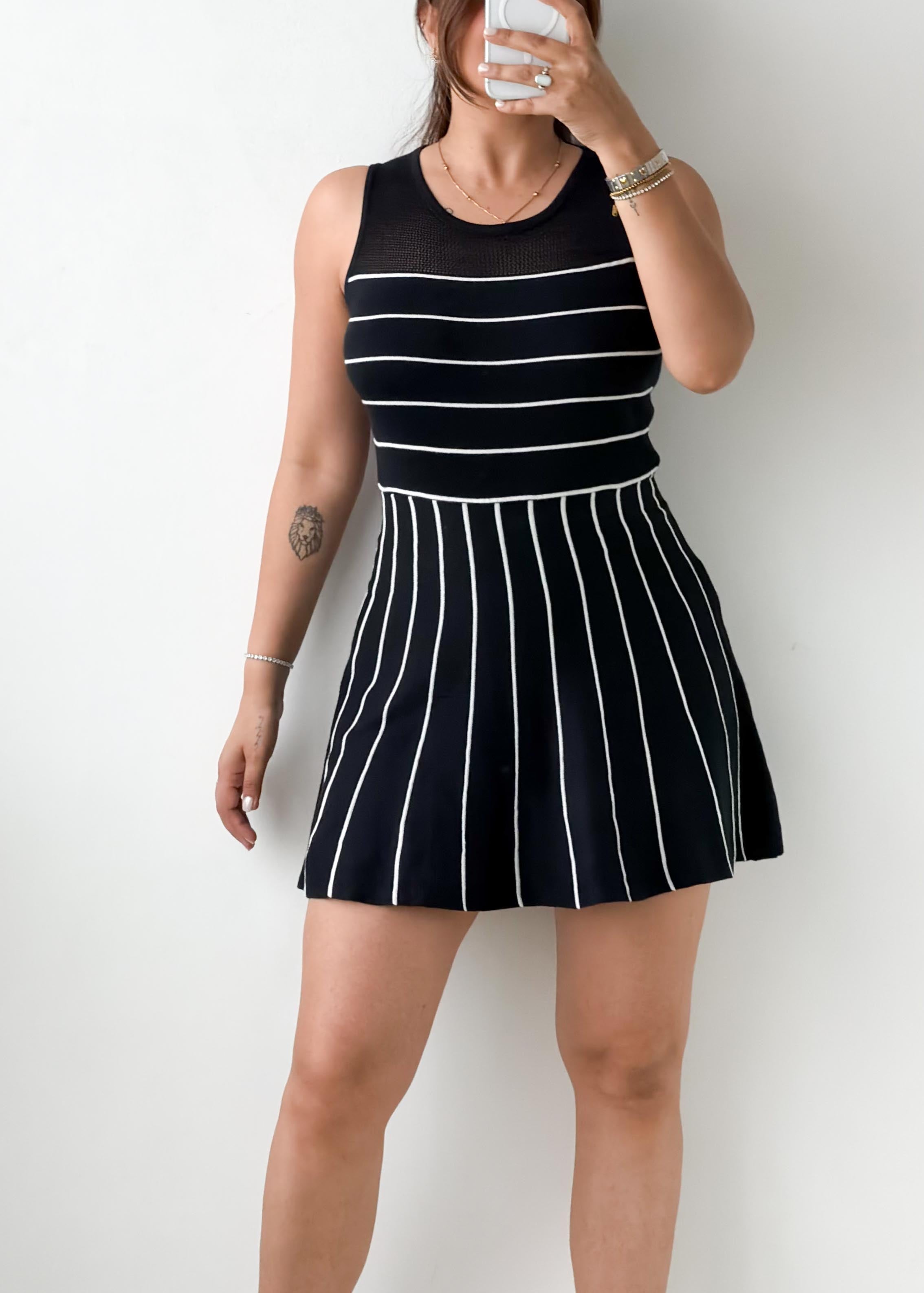 Size XS-S Black & White Striped Knit Skater Mini Dress