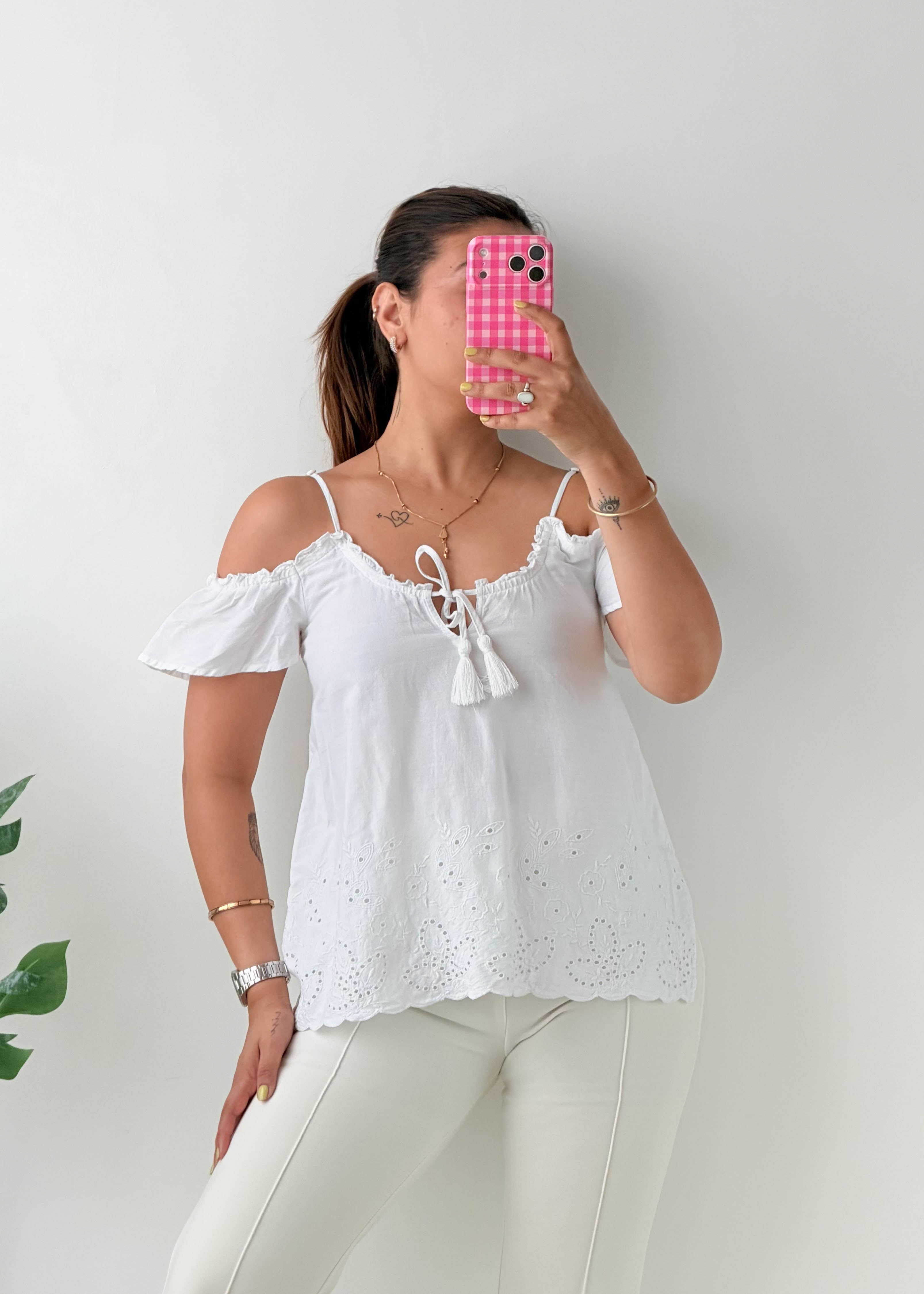 Size S-M White Off-Shoulder Embroidered Tassel Top