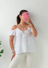 Size S-M White Off-Shoulder Embroidered Tassel Top