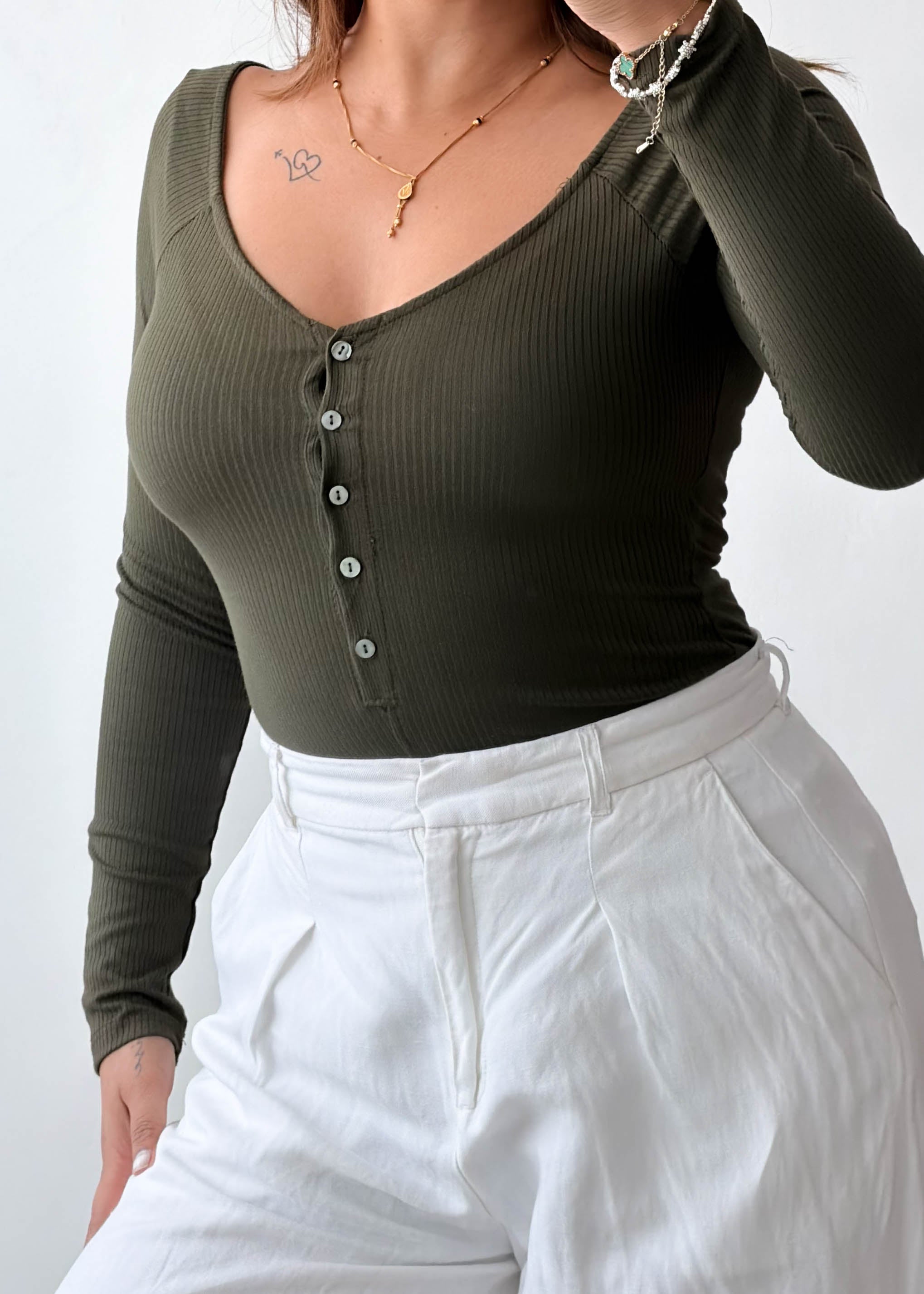 Size S-M Olive Button Front Bodysuit