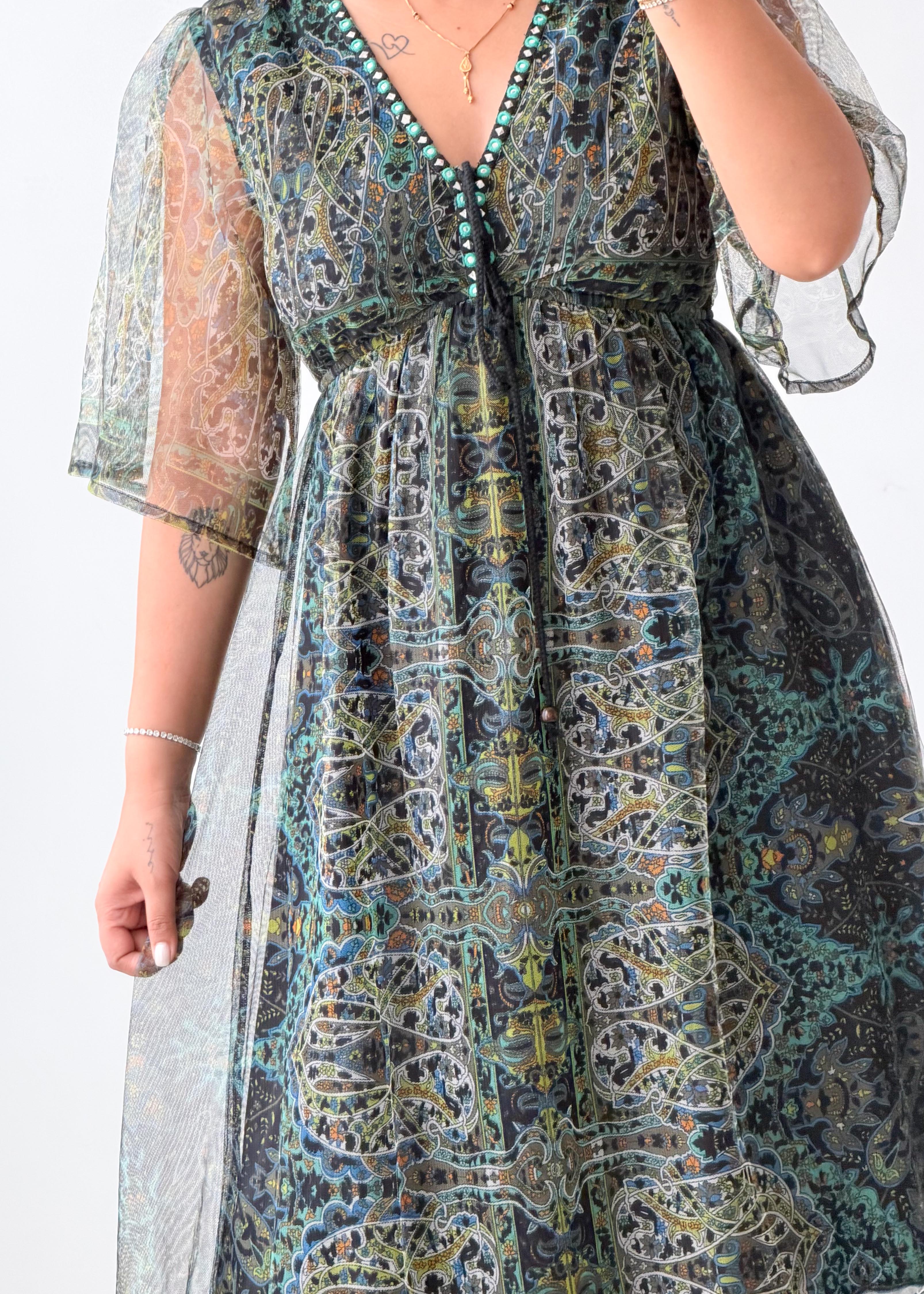 Size S-M Green Printed Mesh Maxi Dress