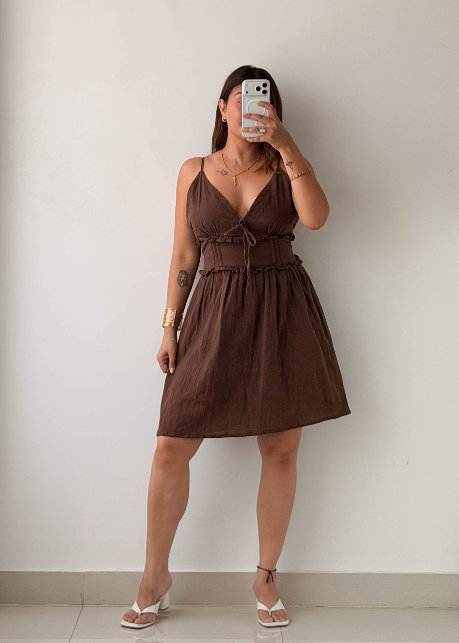 Size L-XL Brown Tie-Front Cotton Mini Dress