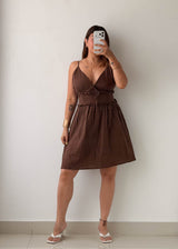 Size L-XL Brown Tie-Front Cotton Mini Dress