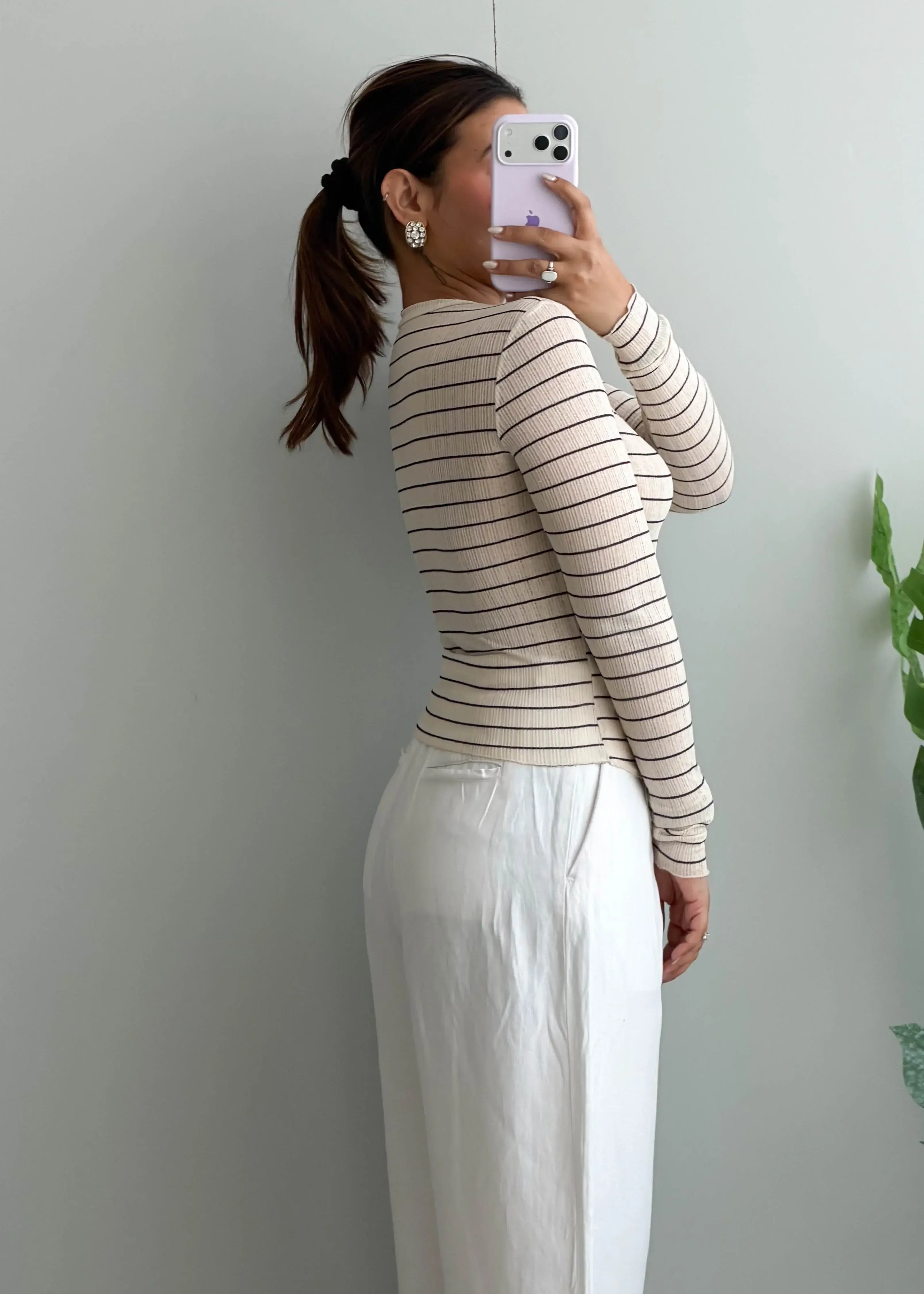 Size S-M, Beige Stripe Long Sleeve Top - Closet by Payal